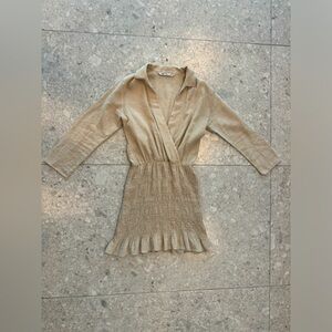 ZARA Linen Cotton V-Neck 3/4 Sleeve Stretch Flare Dress XS Natural Tan Beige